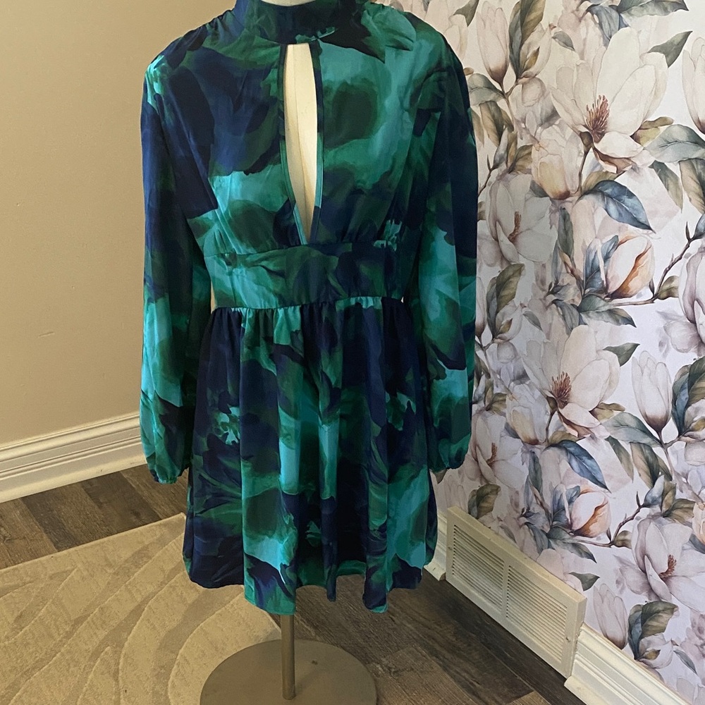 Source Unknown Teal and Navy Long Sleeve Dress